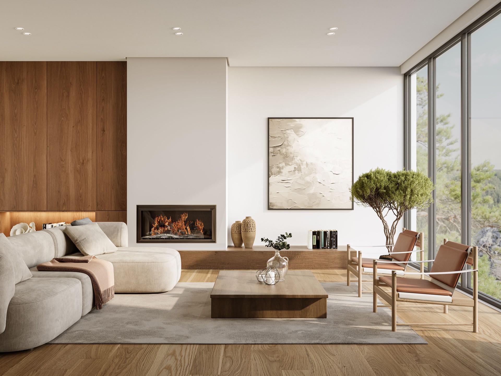 Minimalist living room interior with modern fireplace and white walls. Interior mockup, 3d render